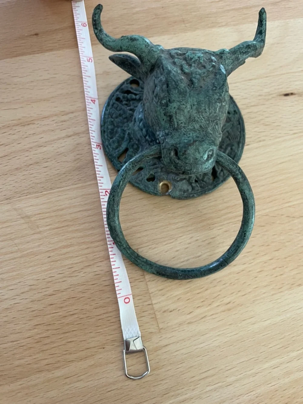 Antique-Style Bull Head Wall Ring - Green Patina